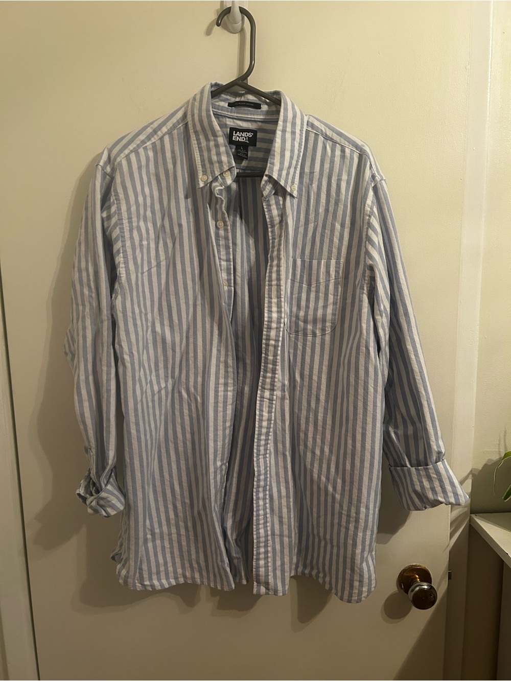 Lands' End Men's Light Blue and White Stripe Button-Down Shirt
